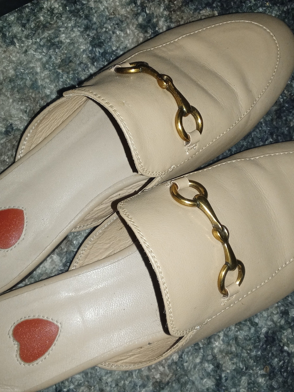 Beige Leather Slip-On Loafers with Gold Bit Detail - Women